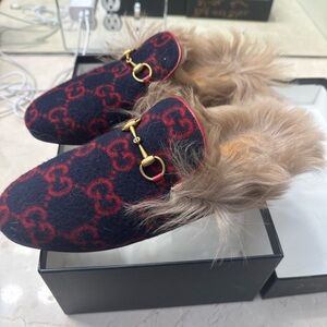 Gucci Navy and Red Fur Lined Mules